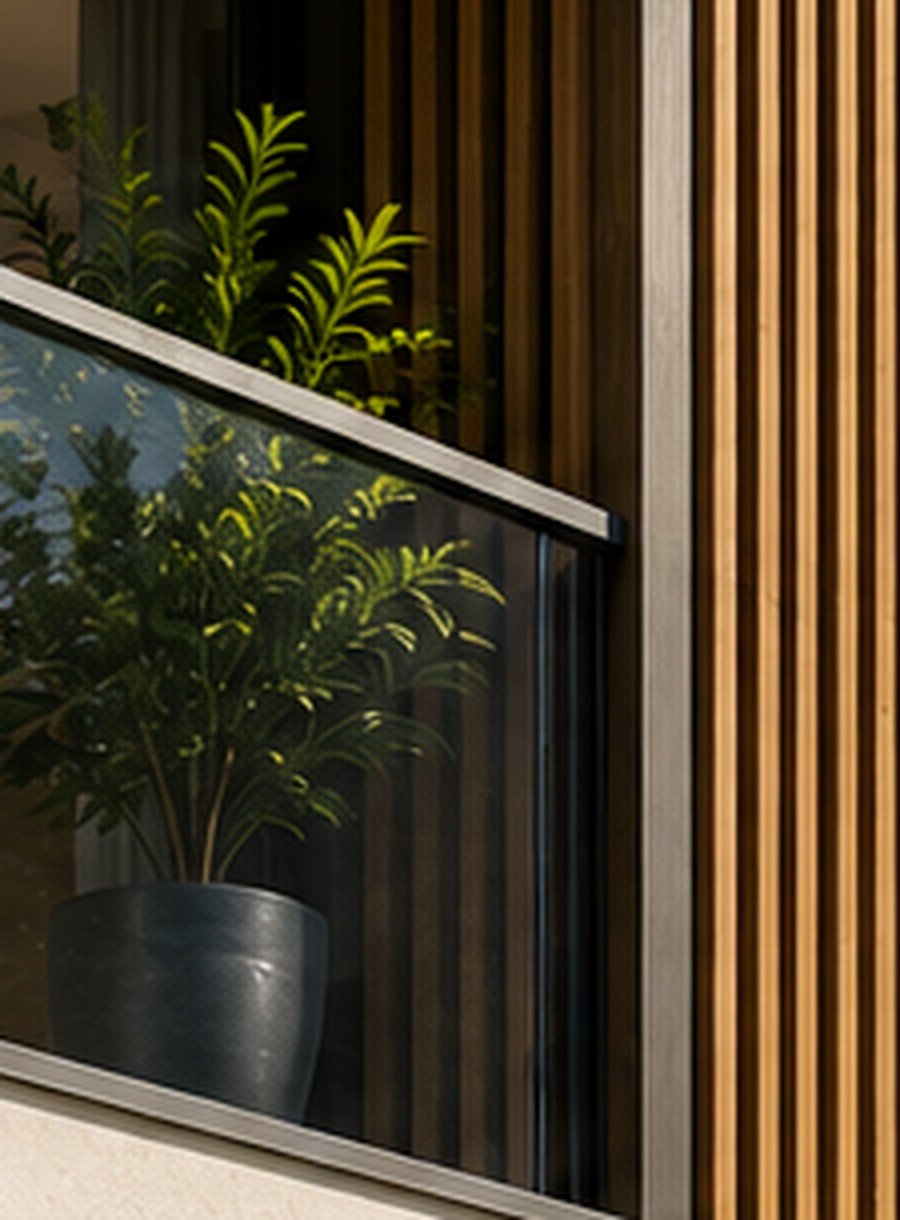 Detalle de la terraza: barandilla de vidrio, celosía de madera y vegetación